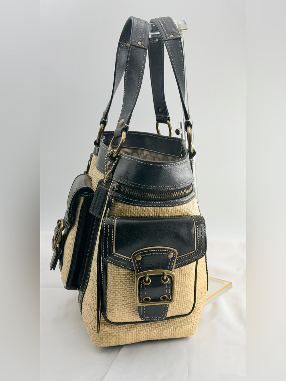 Vintage Coach Legacy Straw & Navy Blue Leather Buckle Tote - Picture 4 of 7